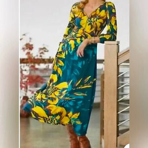 Soft Surrounding Size Large Bold Floral maxi dress long sleeve zipper detail